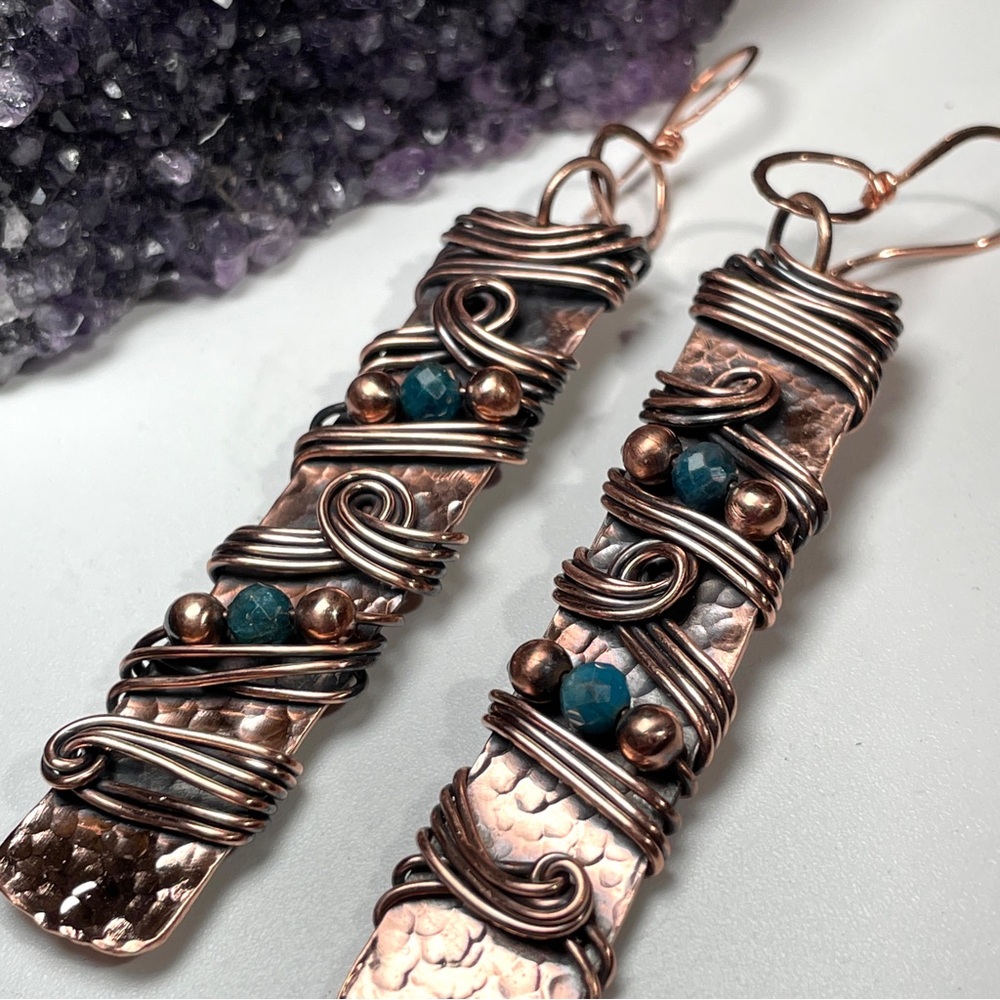Long Copper and Teal Apatite Crystal Swirling Wire Wrapped Dangle Boho Earrings - Picture 2 of 11